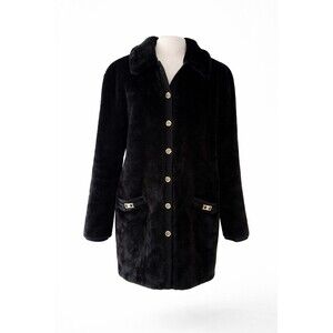 St. John Women’s Black Faux Fur Jacket SJ Buttons Classic Designer Size XL?